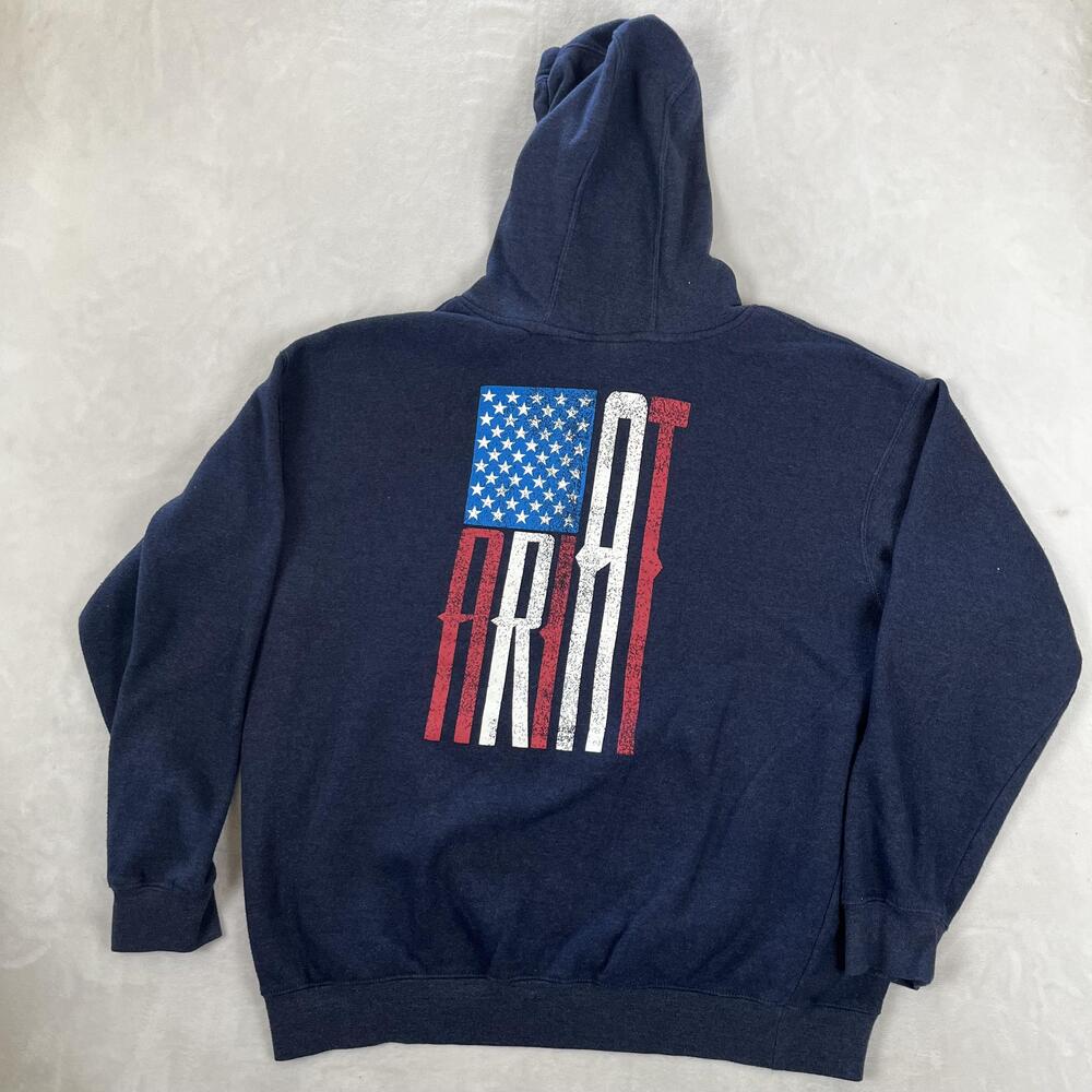Ariat Hoodie Mens 2XL Blue Fleece Pullover Sweatshirt USA Flag Logo Graphic